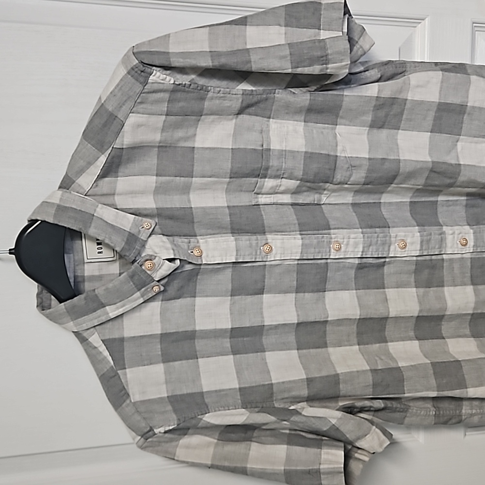 Rowm Gray White Checked Ss Button-Down Collared S… - image 1